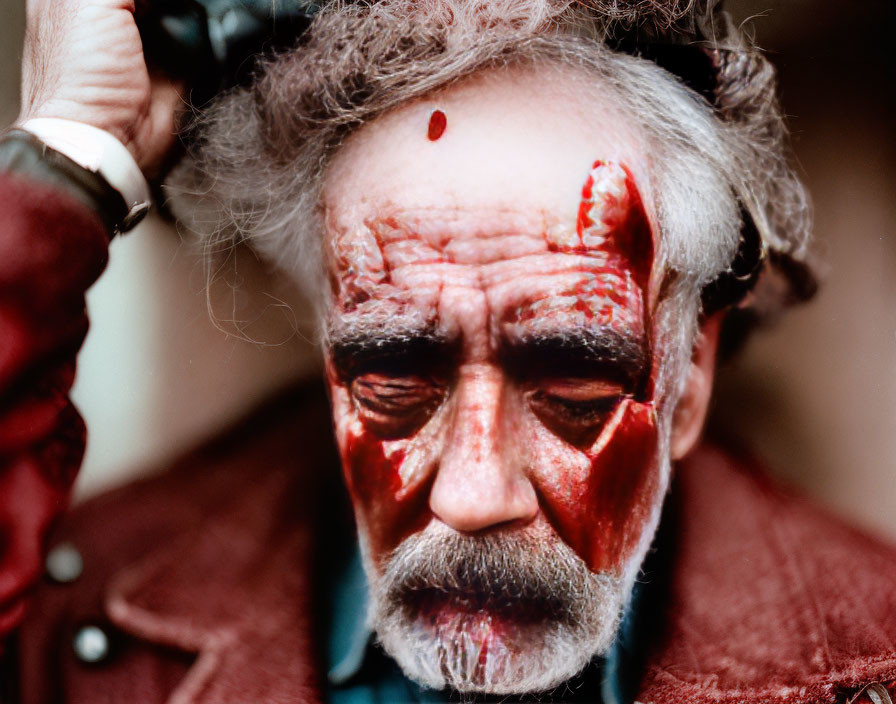 Elderly man with bloodied face getting hair adjusted