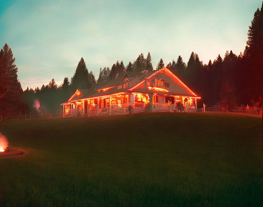 Spacious cabin with orange lights, green grass, and forest view