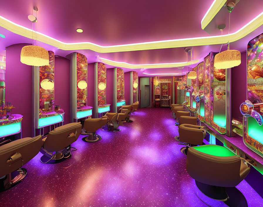 Modern salon interior with purple tones and chic lighting fixtures