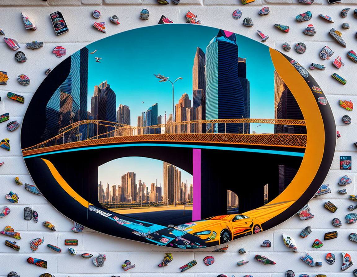 Circular Cityscape Artwork with Colorful Cars and Bridge