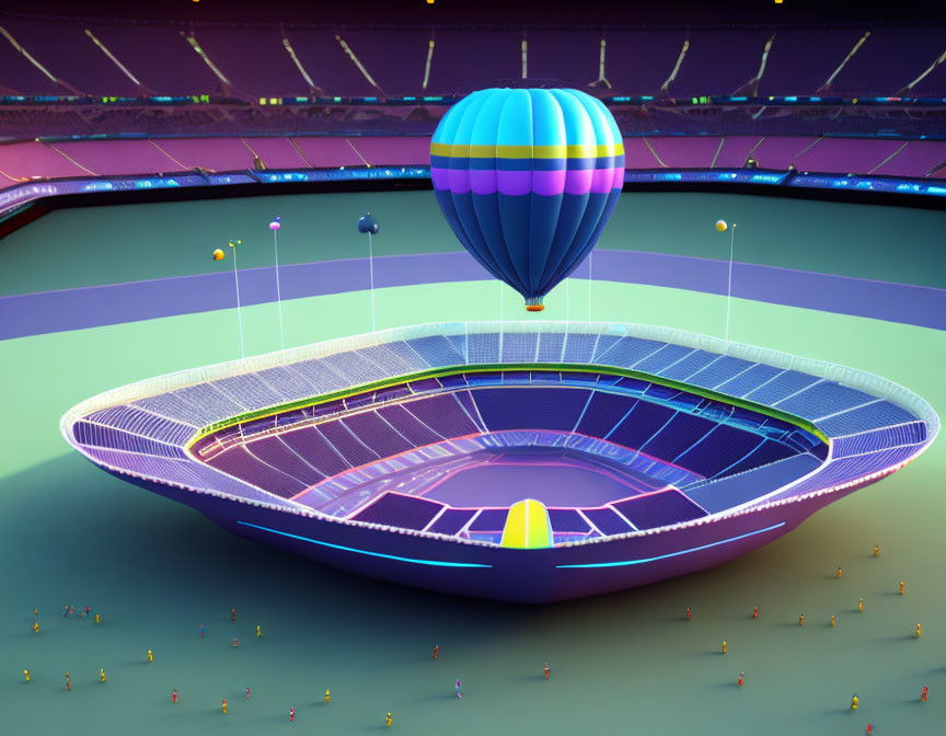 Colorful hot air balloon over illuminated stadium at dusk