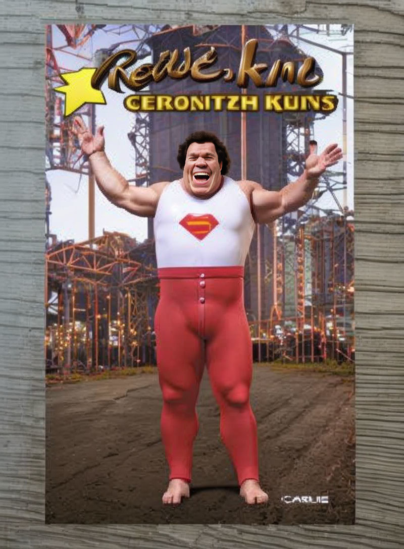 Exaggerated smile man in wrestling outfit on stylized poster