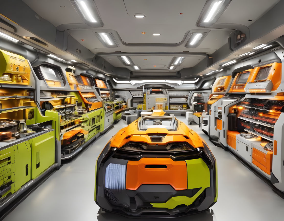 Sleek Orange Car in Futuristic Garage with High-Tech Equipment