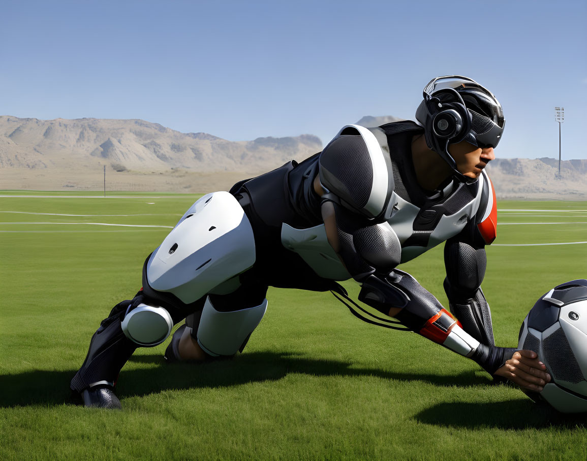 Humanoid Robot in Black & White Suit Reaching for Soccer Ball on Green Field