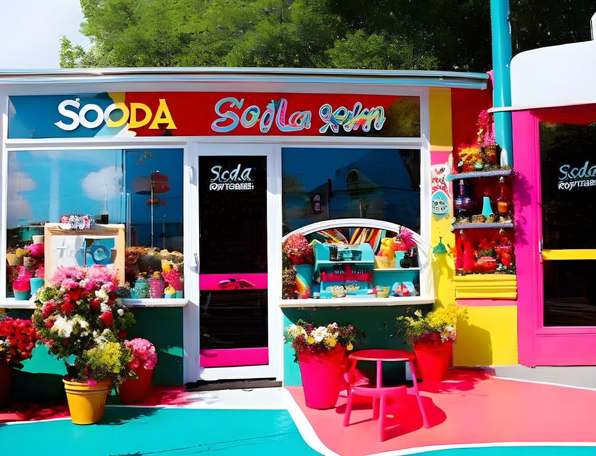 Vibrant pink, blue, and yellow soda shop exterior with retro signage