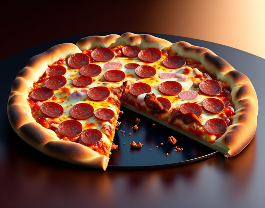 Pepperoni pizza slice with cheesy topping and thick crust on dark tabletop