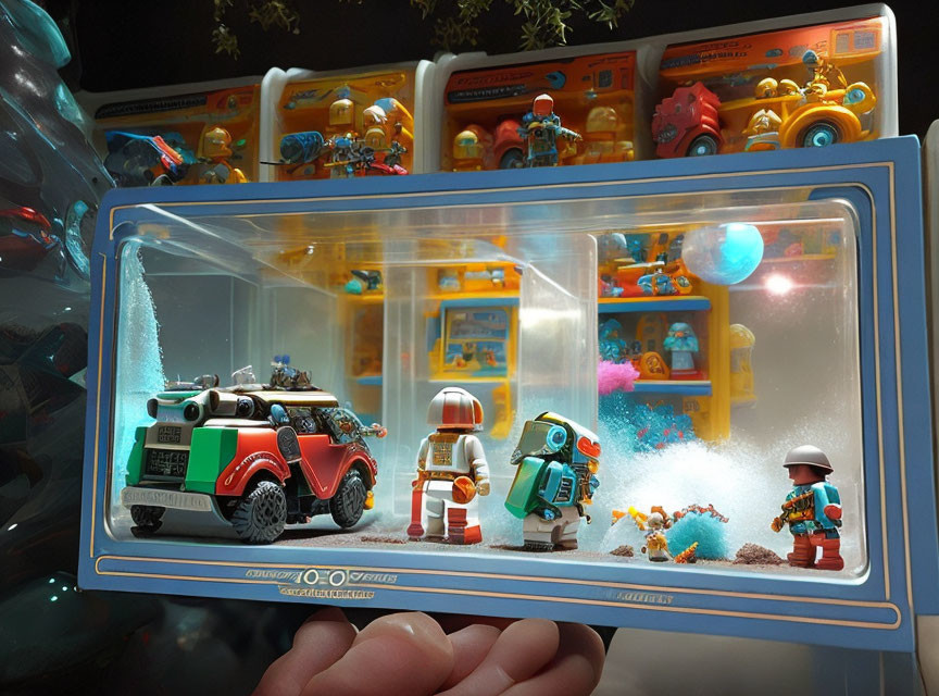 Miniature diorama of toy store with action figures, vehicles, and accessories in clear box