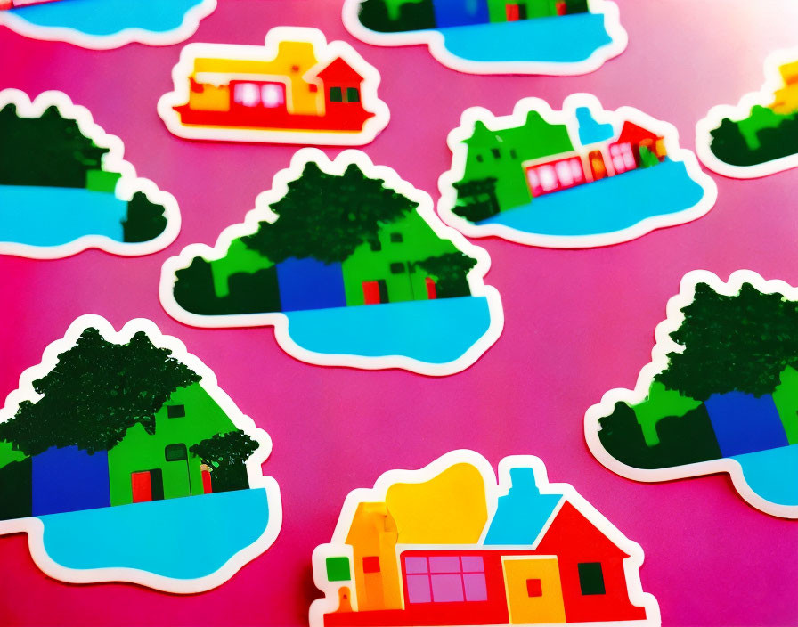 Vibrant house and tree stickers on pink background