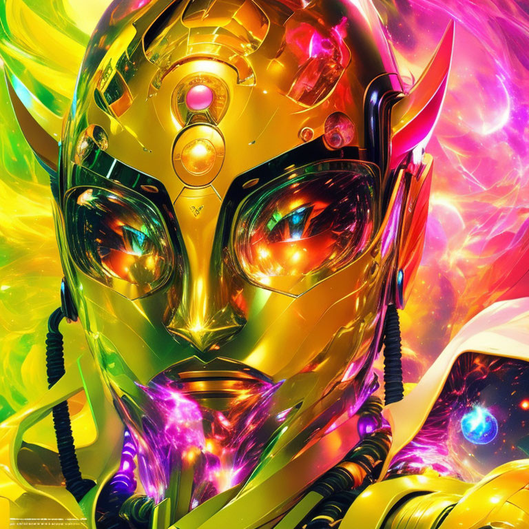 Detailed futuristic robot head art with vibrant colors