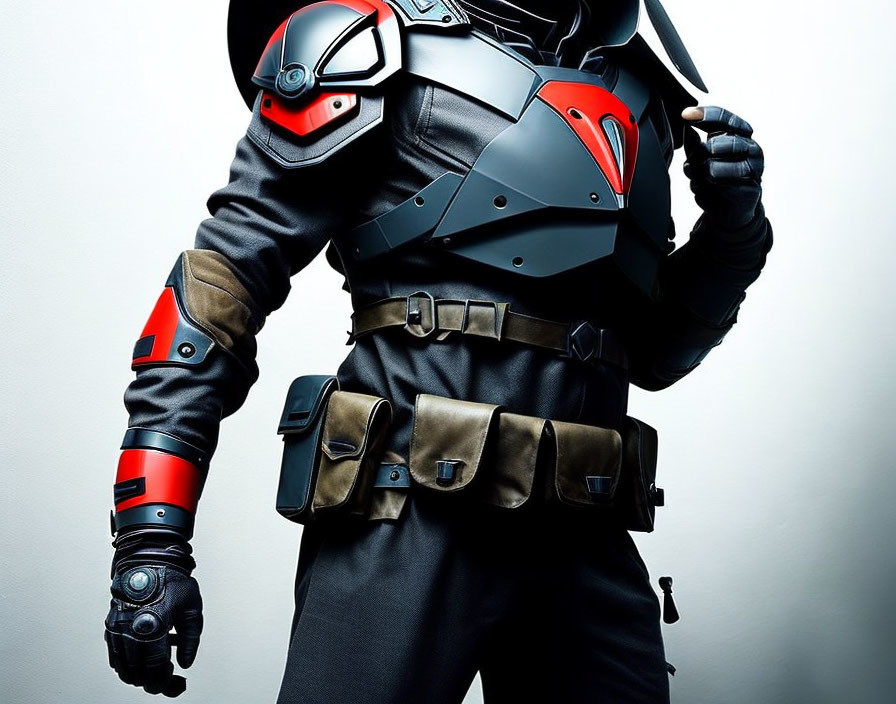 Futuristic armor suit with red and black detailing on grey background