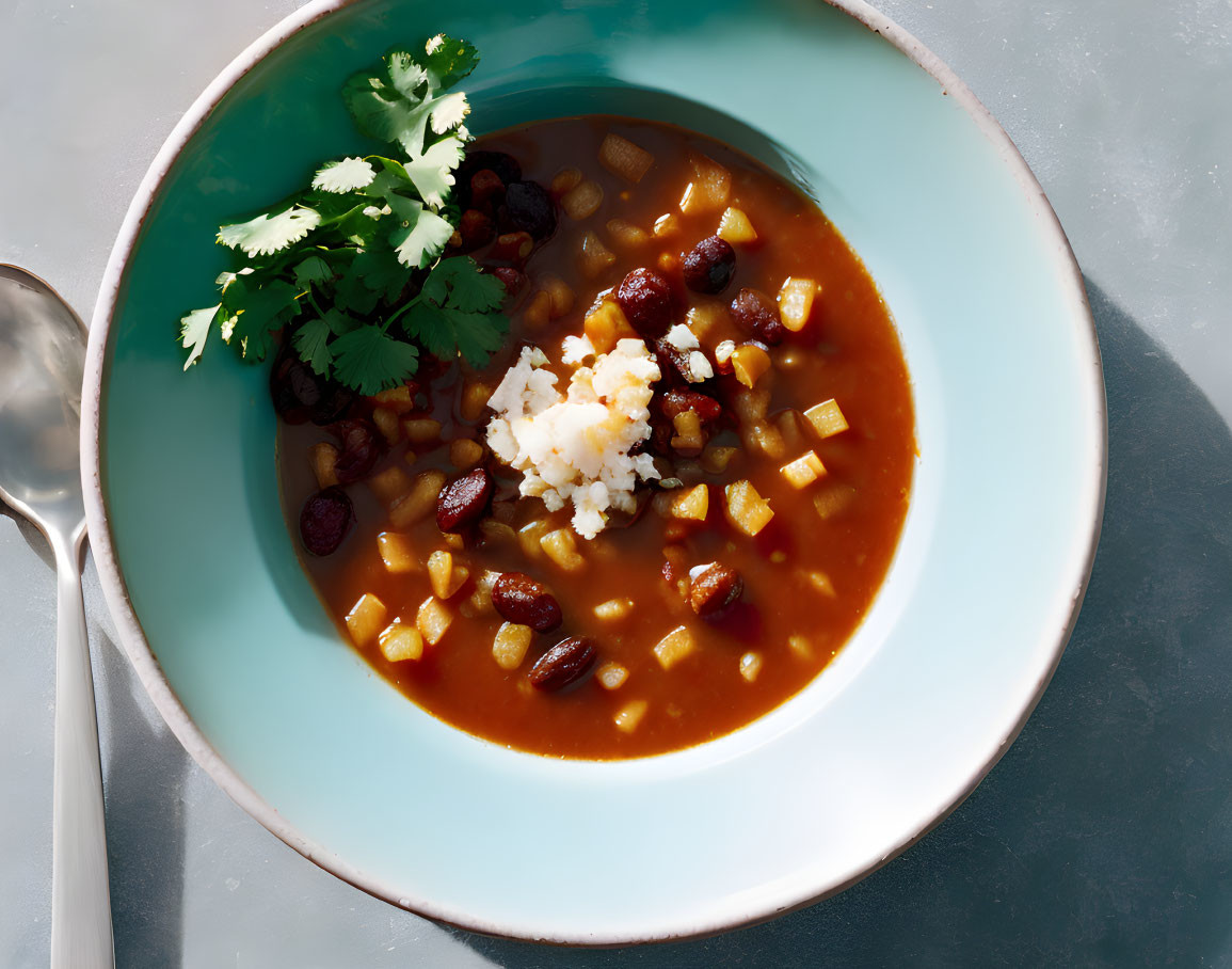 Vegetable and Bean Stew with Rice and Cilantro on Blue Plate