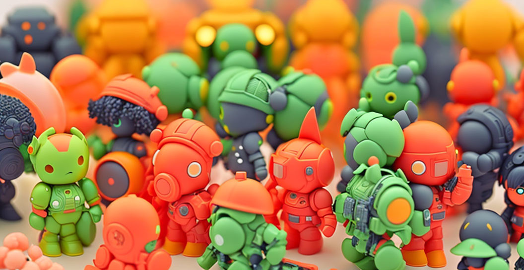 Vibrant stylized robot figures in orange, red, and green hues