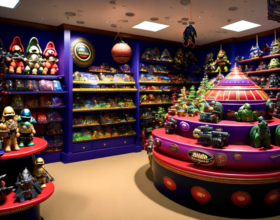 Vibrant Toy Store Interior with Colorful Shelves and Superhero Figures