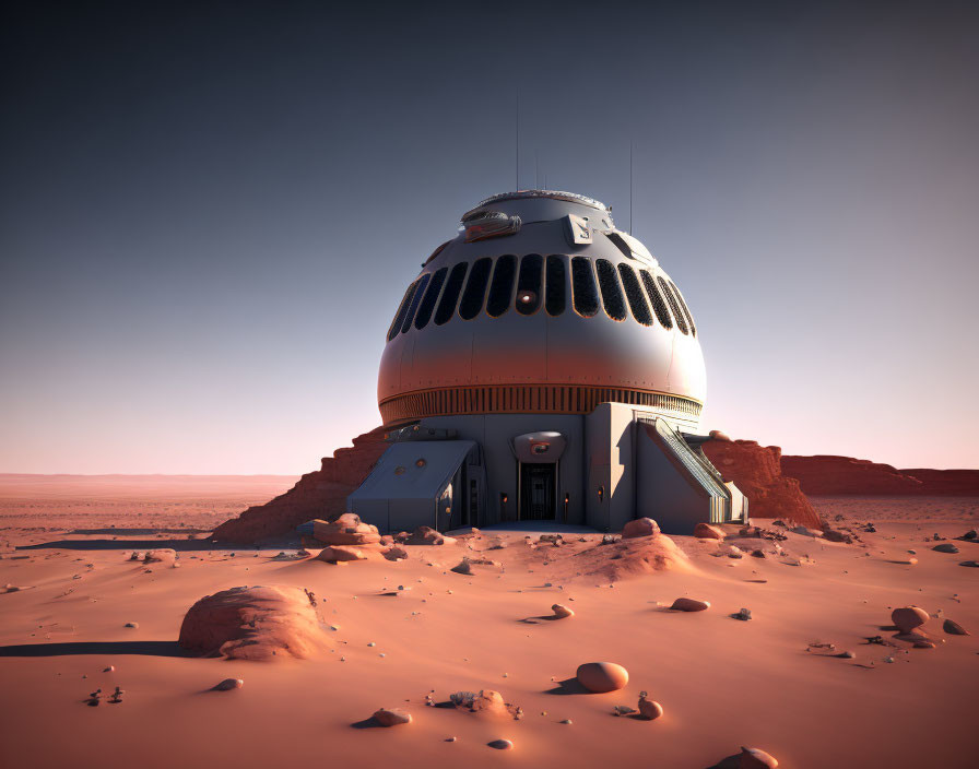 Isolated futuristic dome in barren desert landscape