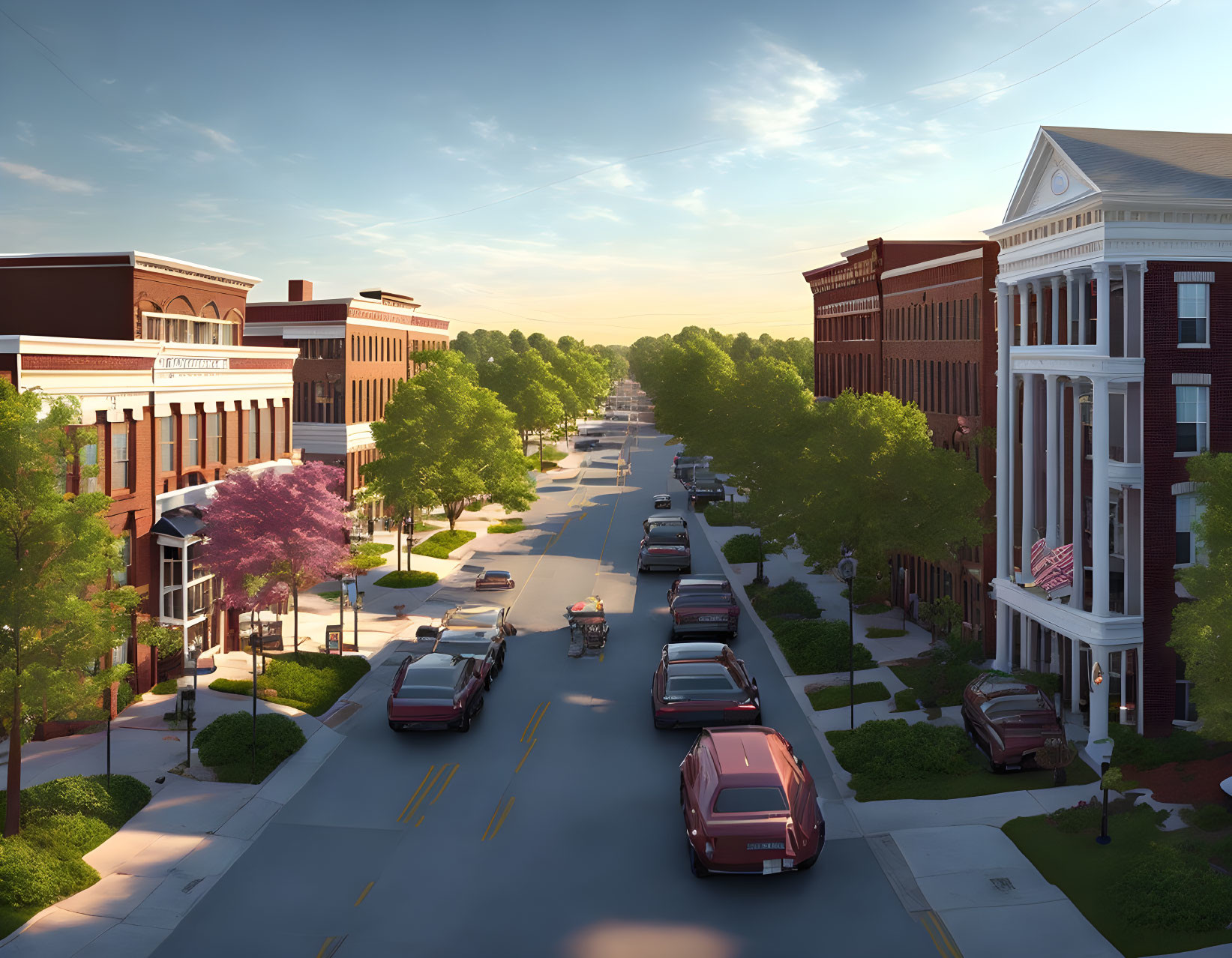 Sunny suburban street with tree-lined architecture and cars