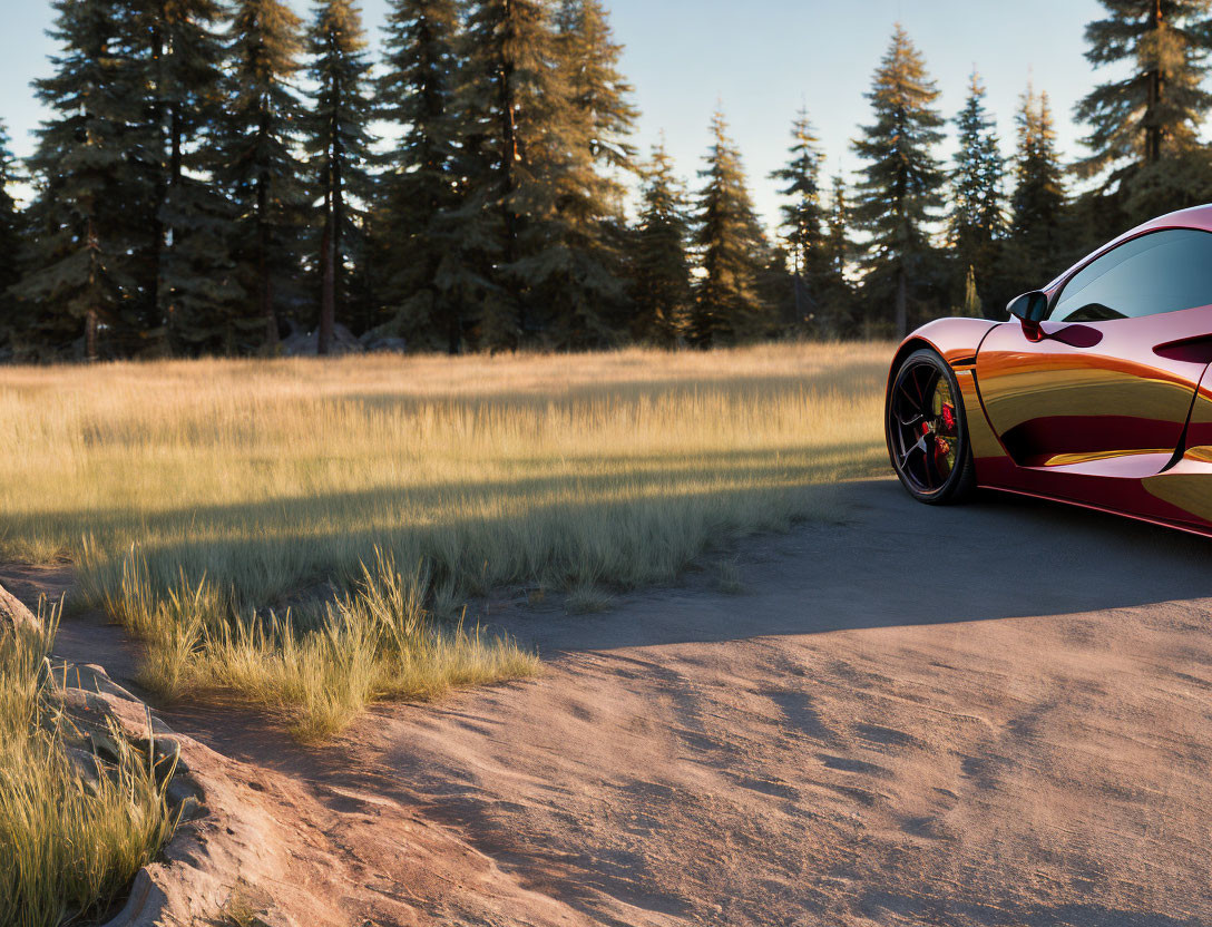 Red sports car parked on dusty trail near field with tall grass and forest at sunset