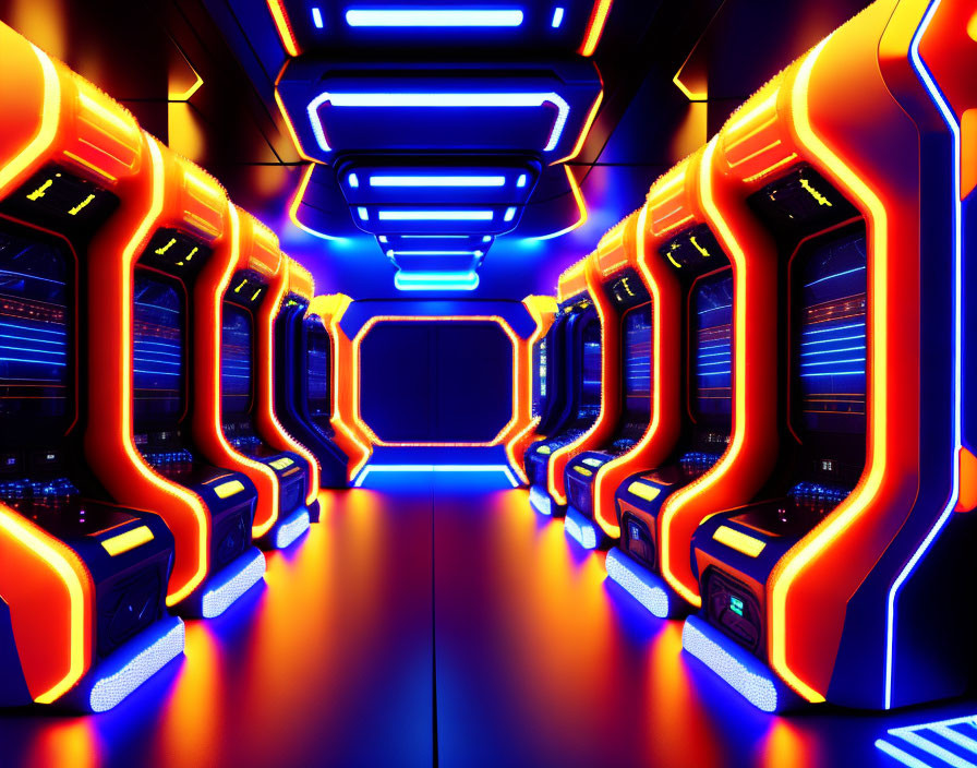 Futuristic sci-fi corridor with neon lights and illuminated path