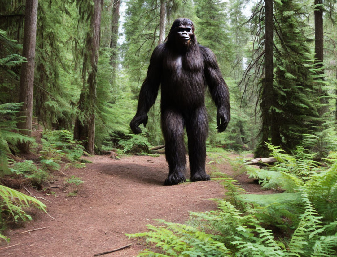 Person in gorilla costume on forest trail among tall trees