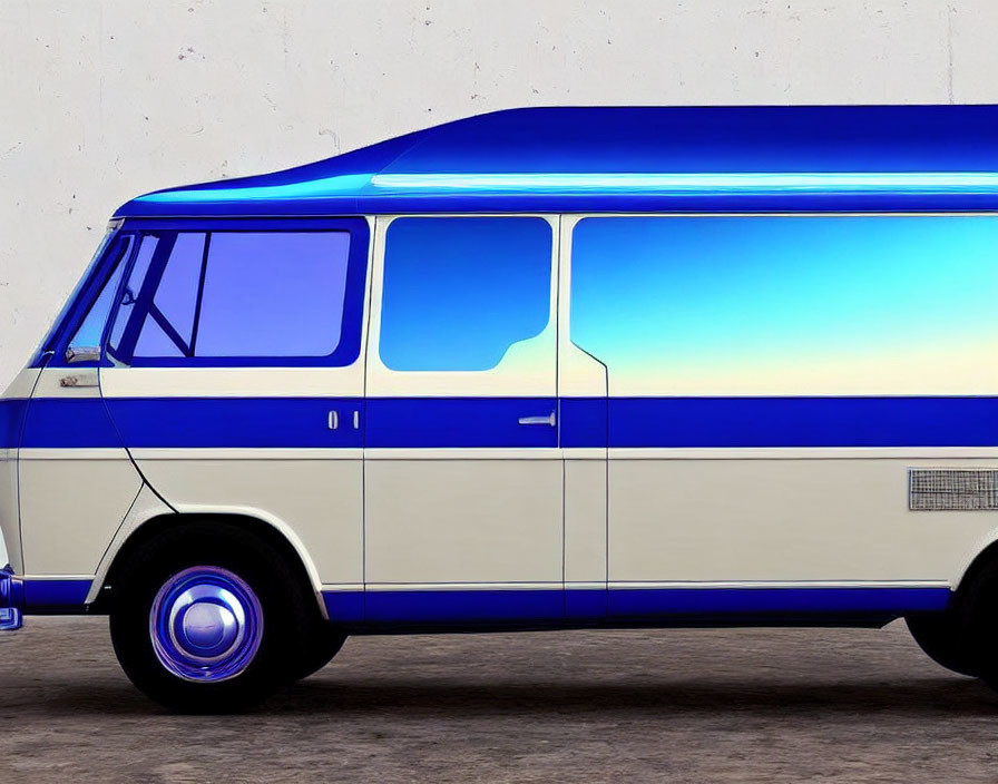 Vintage Blue and White Van with High Roof and Glowing Blue Lights