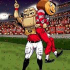 Animated bulldog mascots in football uniforms celebrate on field