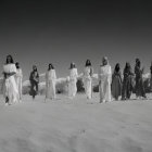 Group of people in white outfits walking in desert under bright sky