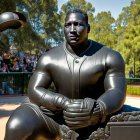 Metallic baseball player statue in black uniform and cap with game scene background