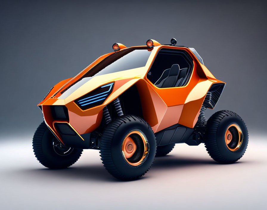 Futuristic orange all-terrain vehicle with black wheels & blue LED accents