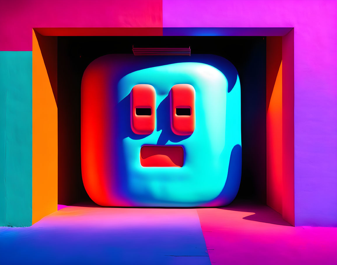 Vibrant Neon-Lit Square Face Installation in Geometric Room