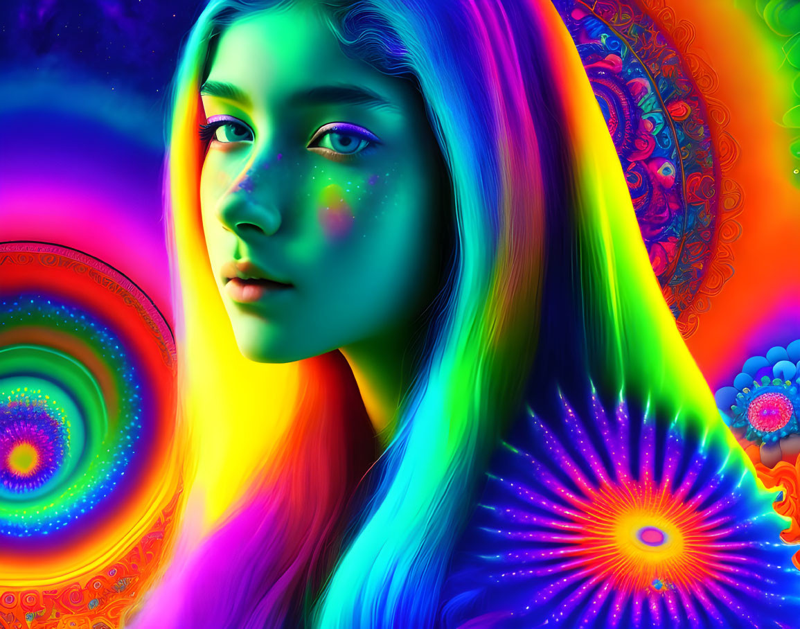 Colorful digital artwork: Woman with iridescent hair and skin in vibrant setting