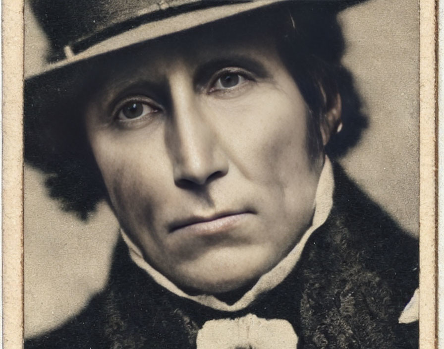 Portrait of a person in vintage 19th-century attire with a top hat, looking stern.