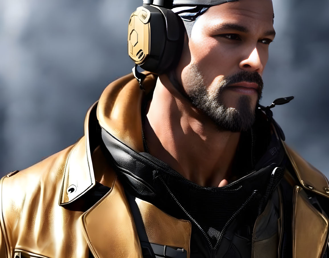 Bearded man in tactical headset and leather jacket portrait.