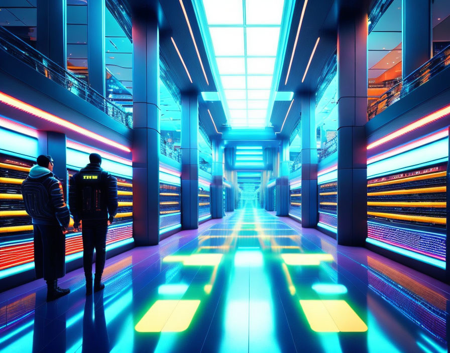 Vibrant futuristic corridor with neon lights and reflective surfaces