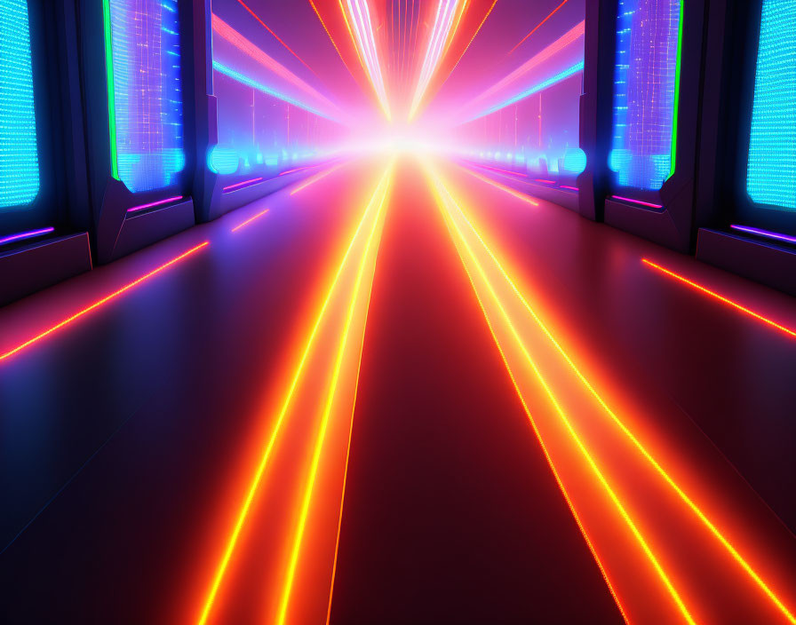 Neon-lit corridor with bright center light and glowing panels