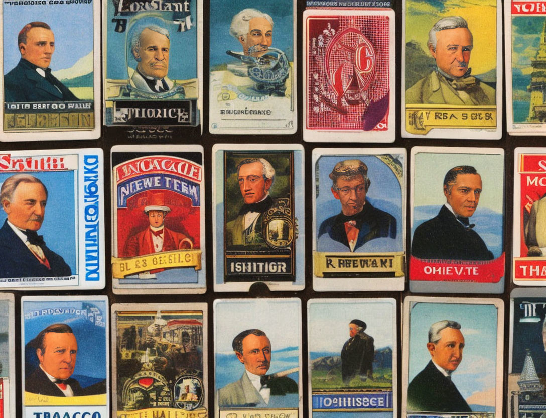 Vintage Tobacco Trading Cards Collage: Famous Men Portraits, Ornate Designs & Brand Logos