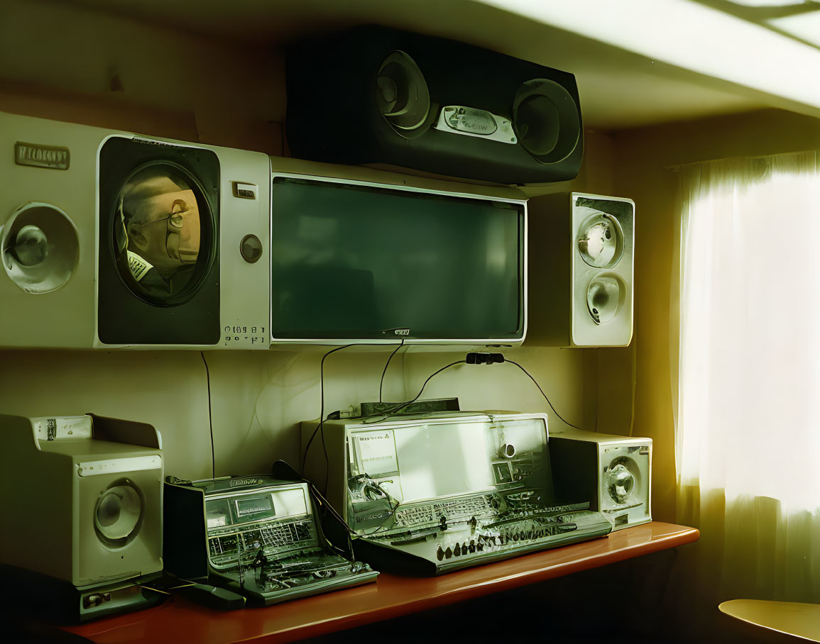 Vintage Audio Equipment Displayed on Wooden Shelf