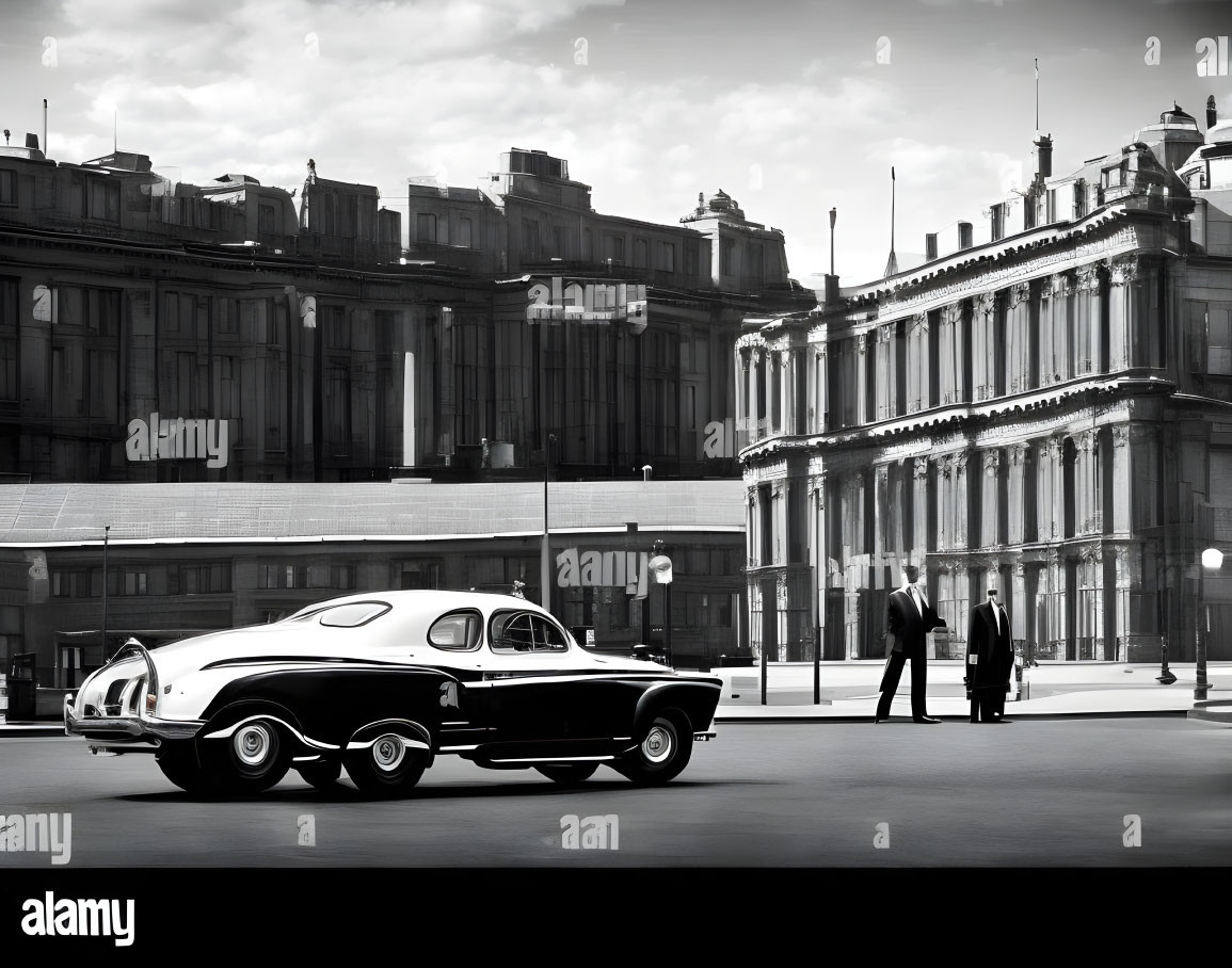 Vintage Black and White Photo of Classic Car on City Street