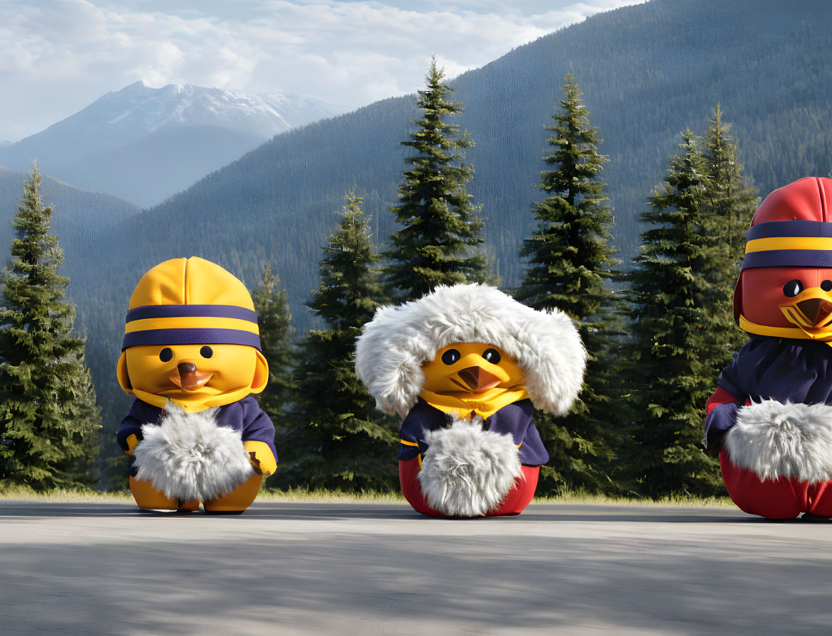 Colorful racing gear-clad animated birds on mountain road