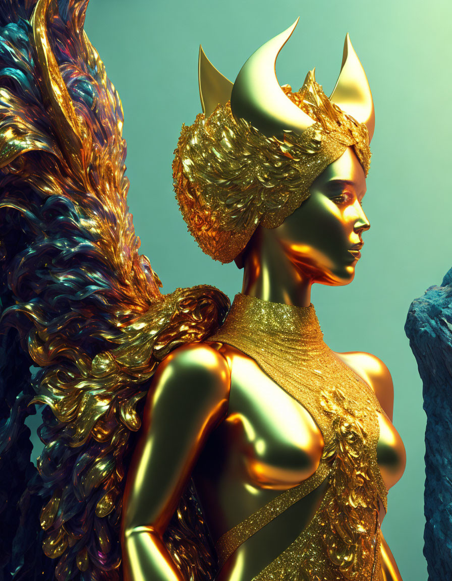 Golden fantasy figure with horns, textured wing, and elaborate attire on turquoise backdrop.