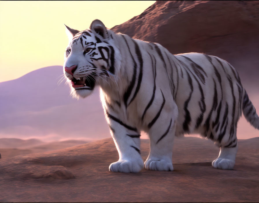 White Tiger with Black Stripes Roaring at Sunset