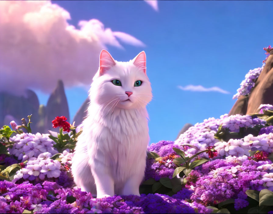 Fluffy white cat with green eyes in purple flowers under blue sky