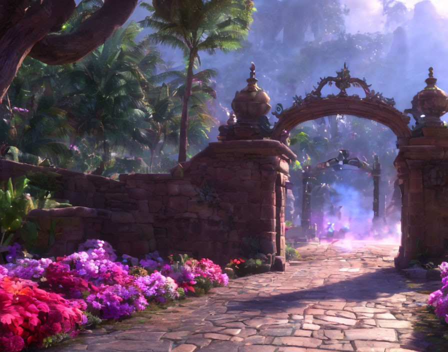 Enchanting cobblestone pathway with vibrant flowers and ornate archway