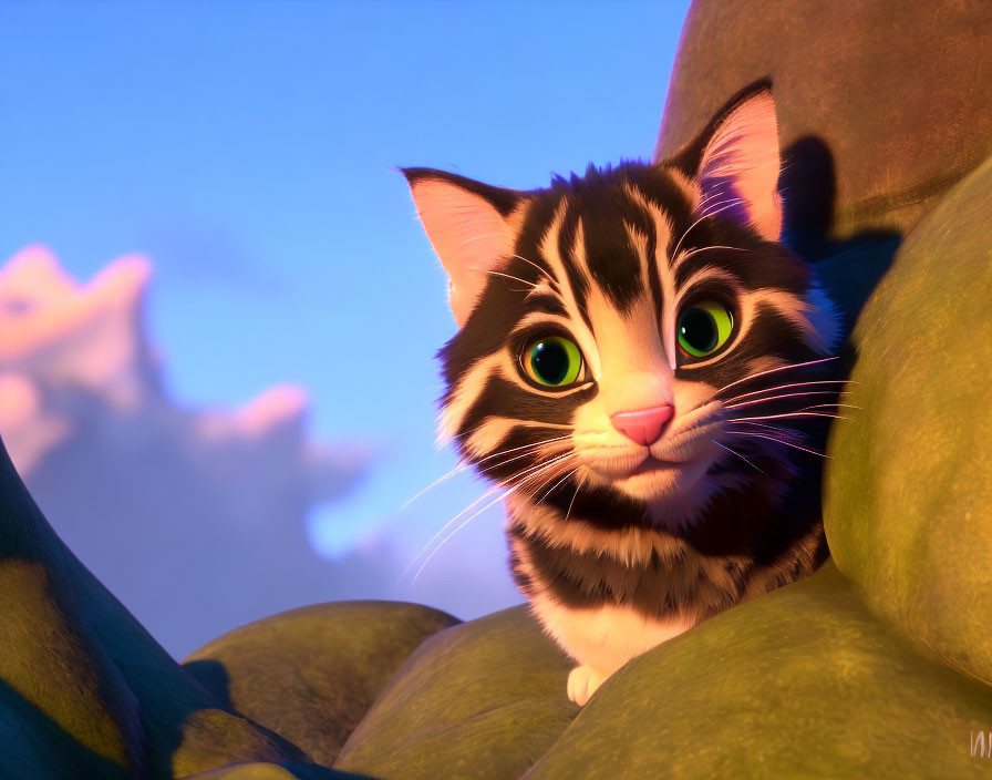 Striking green-eyed 3D animated kitten among rocks at sunset