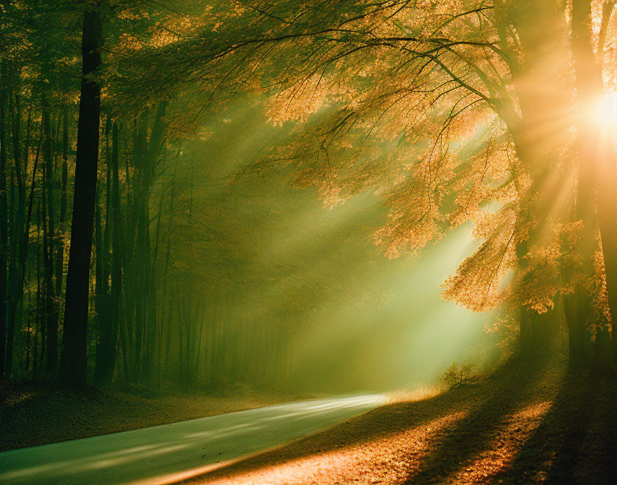 Misty forest with sunlight filtering through trees