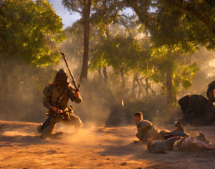 Military soldiers training in dusty forest combat scenario