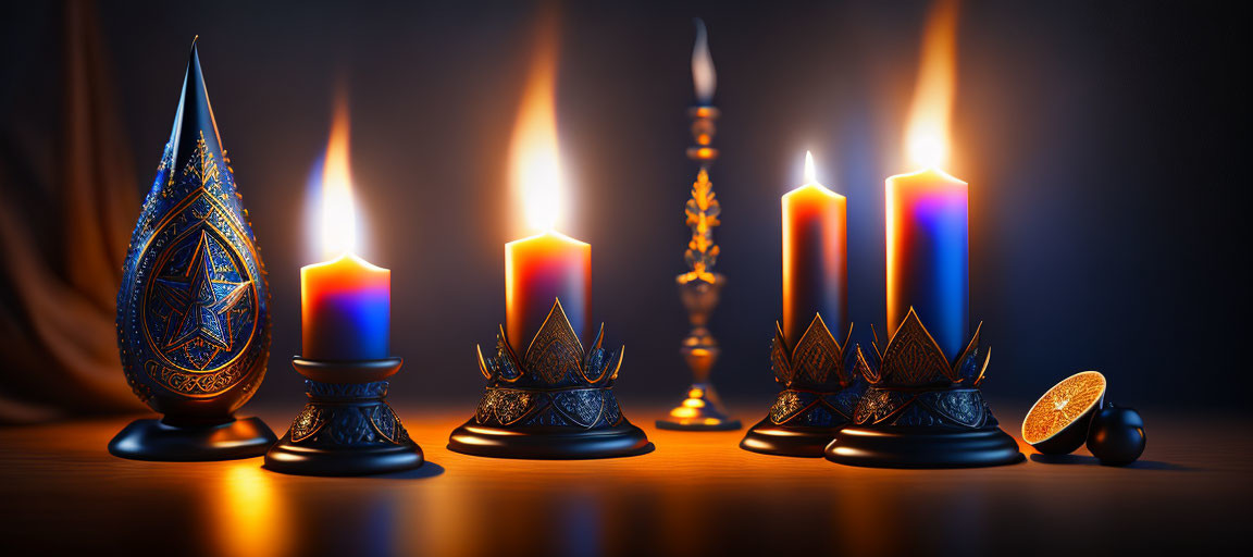 Decorated Egg, Incense Burners, Lit Candles on Table