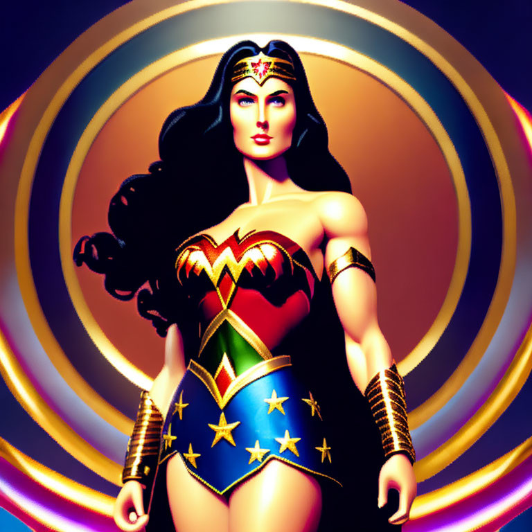 Wonder Woman in iconic costume with radiant circles.