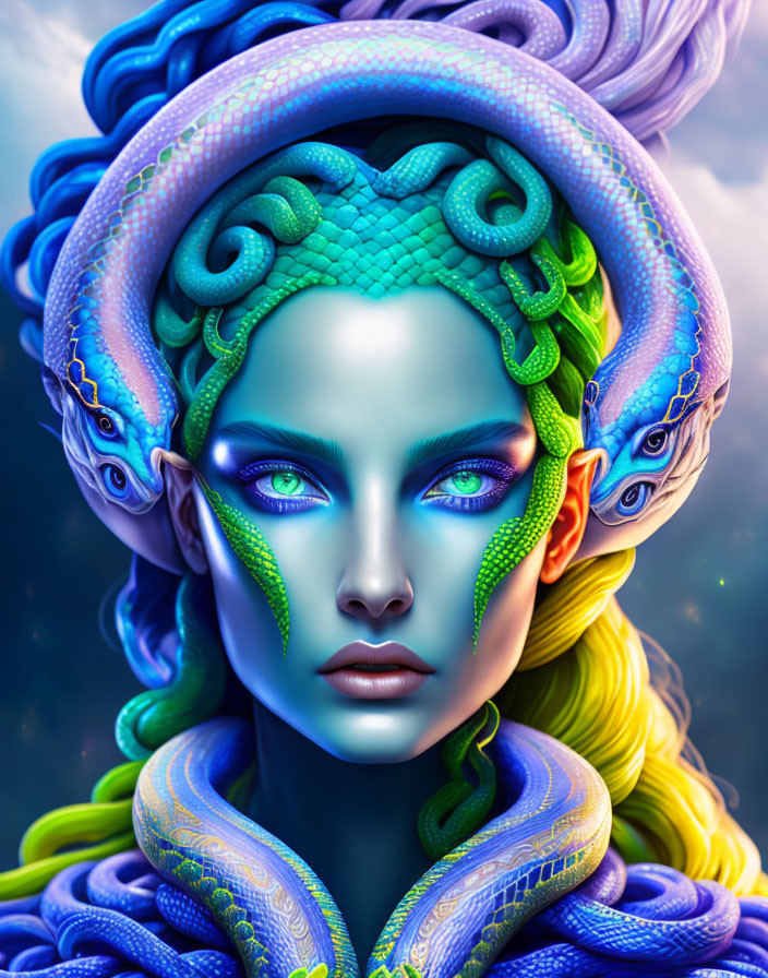 Colorful Digital Portrait: Person with Snake-Like Hair and Blue Skin