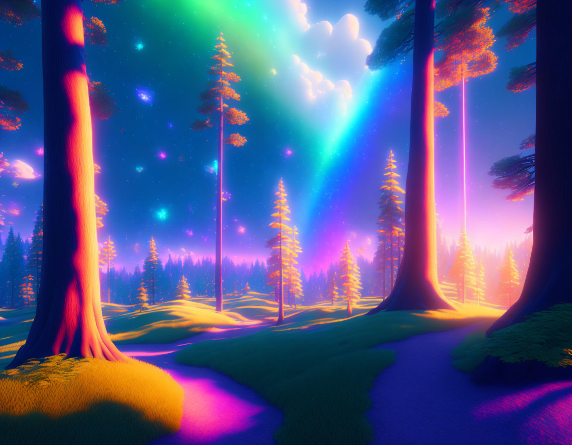 Neon-lit forest with towering trees under starry sky