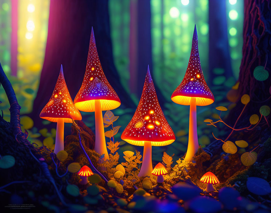 Enchanting forest scene with star-patterned mushrooms and light columns