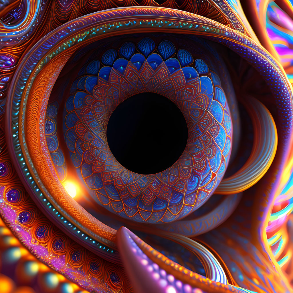 Abstract Fractal Image: Intricate Orange, Blue, and Black Patterns